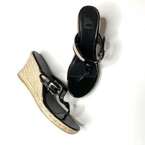 Burberry Black Patent Leather Plaid Wedge Sandals